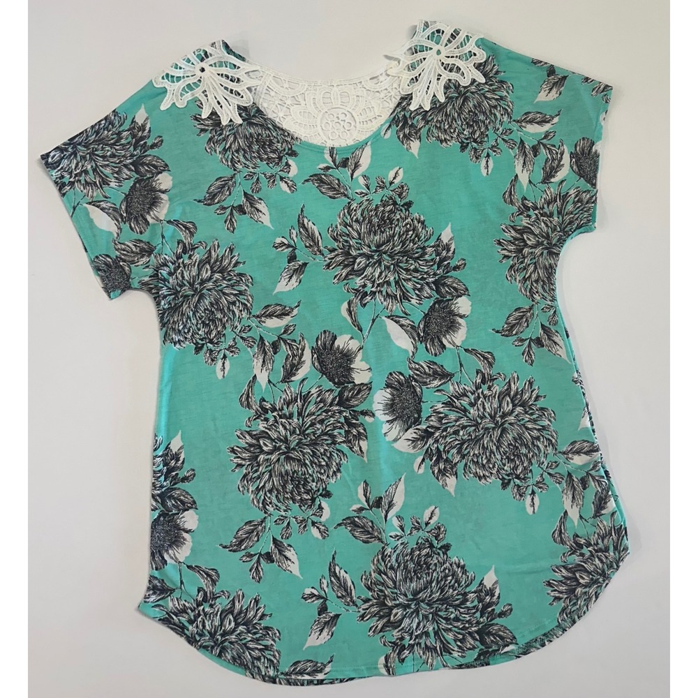 Floral Crochet Lace Yoke Top Teal Green Black White Short Sleeve Blouse S B3785